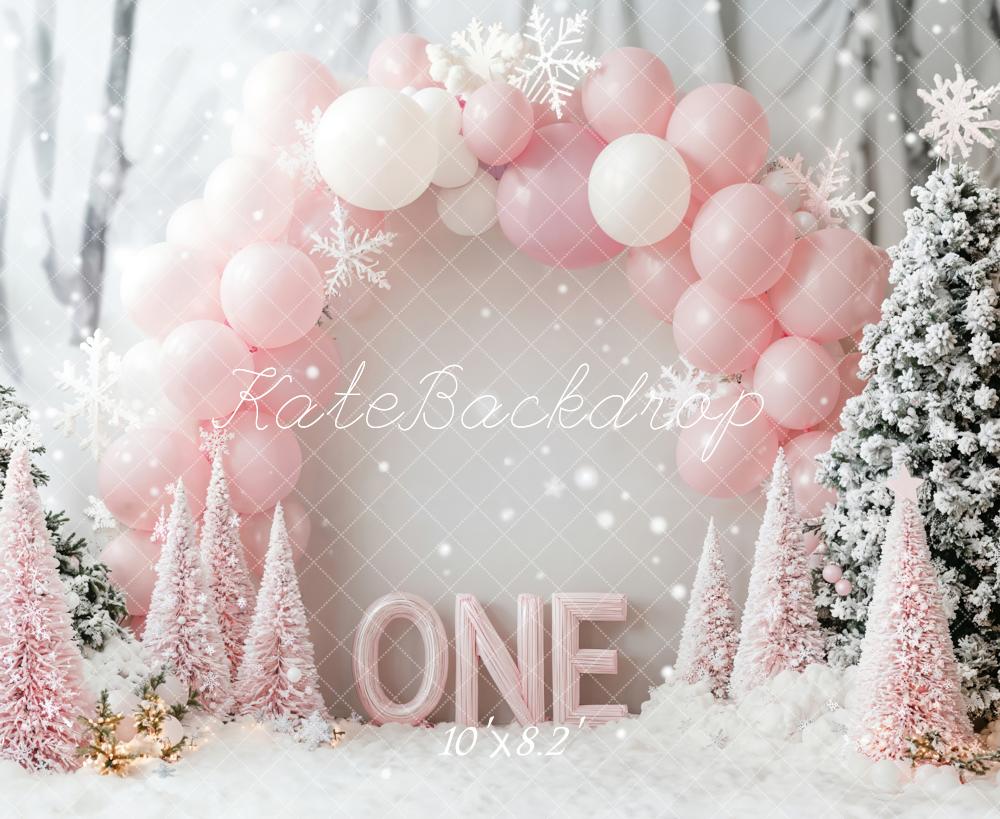 ⚡Blitzangebote #1-Kate Winter Weihnachten 1. Geburtstag Wonderland rosa Luftballon Hintergrund - Kate Backdrop.de