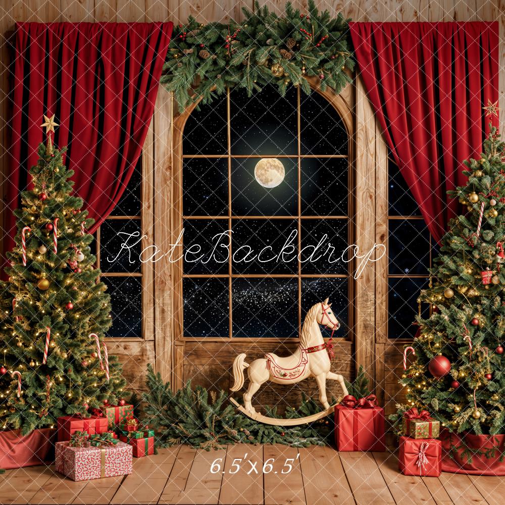 Kate Weihnachten Baum Fenster Schaukelpferd Mond Hintergrund entworfen von Emetselch - Kate Backdrop.de