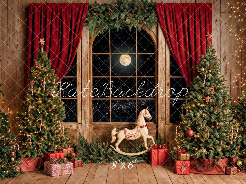 Kate Weihnachten Baum Fenster Schaukelpferd Mond Hintergrund entworfen von Emetselch - Kate Backdrop.de