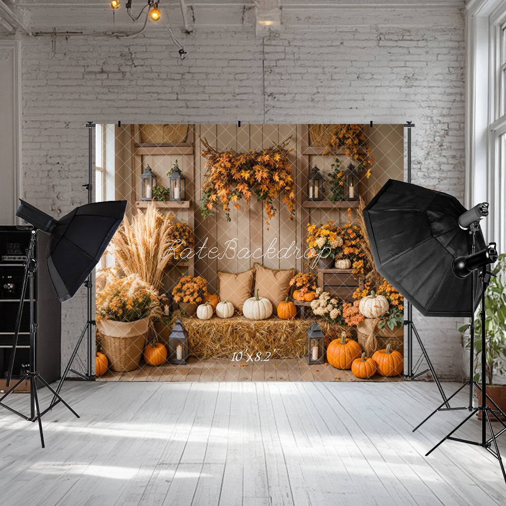 Kate Herbst Boho Kürbis Ernte Ahornblätter Hintergrund entworfen von Emetselch - Kate Backdrop.de