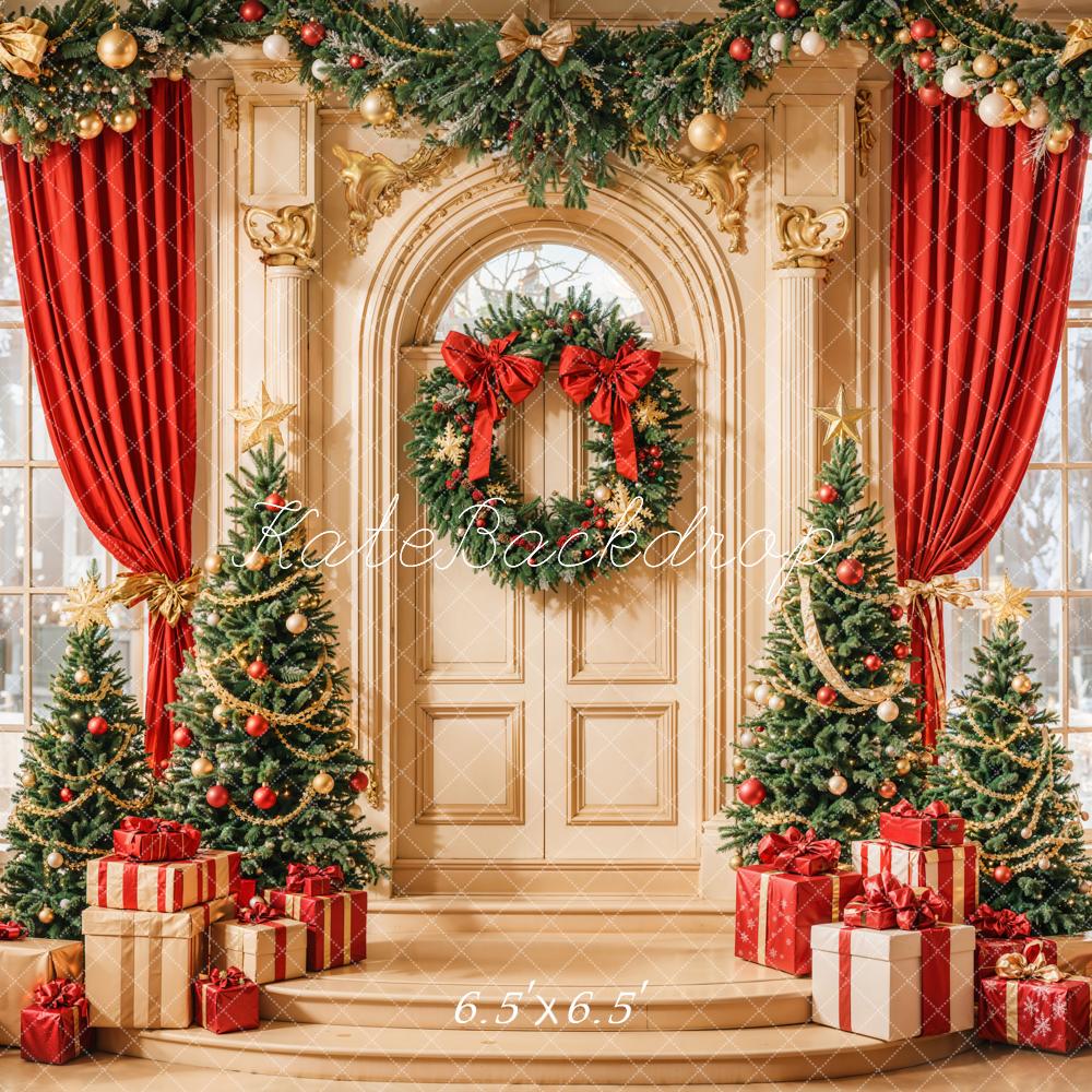 Kate Weihnachten Baum Rot Vorhang Tür Kranz Hintergrund entworfen von Emetselch - Kate Backdrop.de