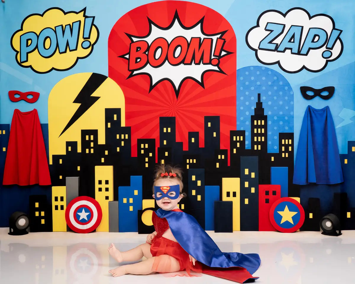 Kate Superheld Comic Stadt Skyline Bunt Hintergrund Entworfen von Patty Roberts - Kate Backdrop.de