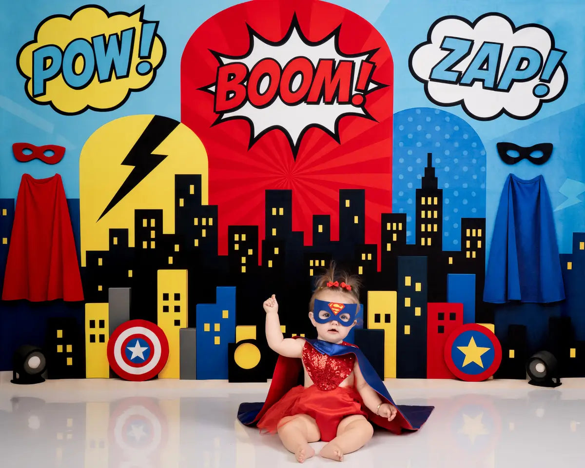 Kate Superheld Comic Stadt Skyline Bunt Hintergrund Entworfen von Patty Roberts - Kate Backdrop.de