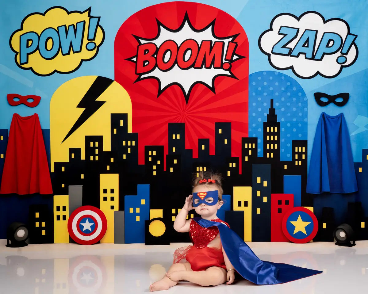 Kate Superheld Comic Stadt Skyline Bunt Hintergrund Entworfen von Patty Roberts - Kate Backdrop.de
