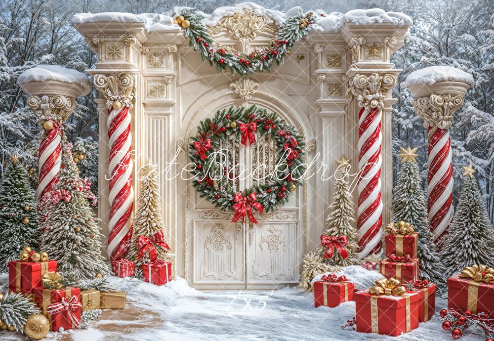 Kate Weihnachten Kranz Retro Tür Säulen Schnee Hintergrund entworfen von Emetselch - Kate Backdrop.de