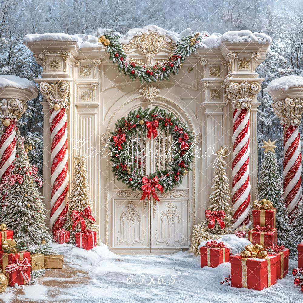 Kate Weihnachten Kranz Retro Tür Säulen Schnee Hintergrund entworfen von Emetselch - Kate Backdrop.de