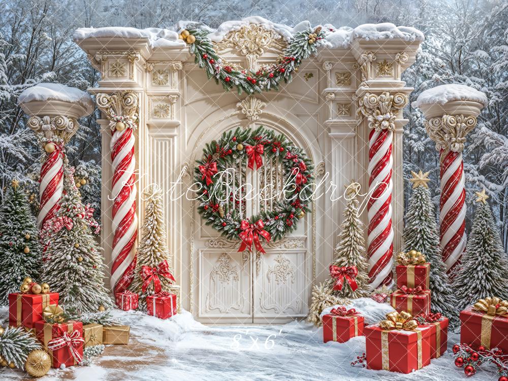 Kate Weihnachten Kranz Retro Tür Säulen Schnee Hintergrund entworfen von Emetselch - Kate Backdrop.de