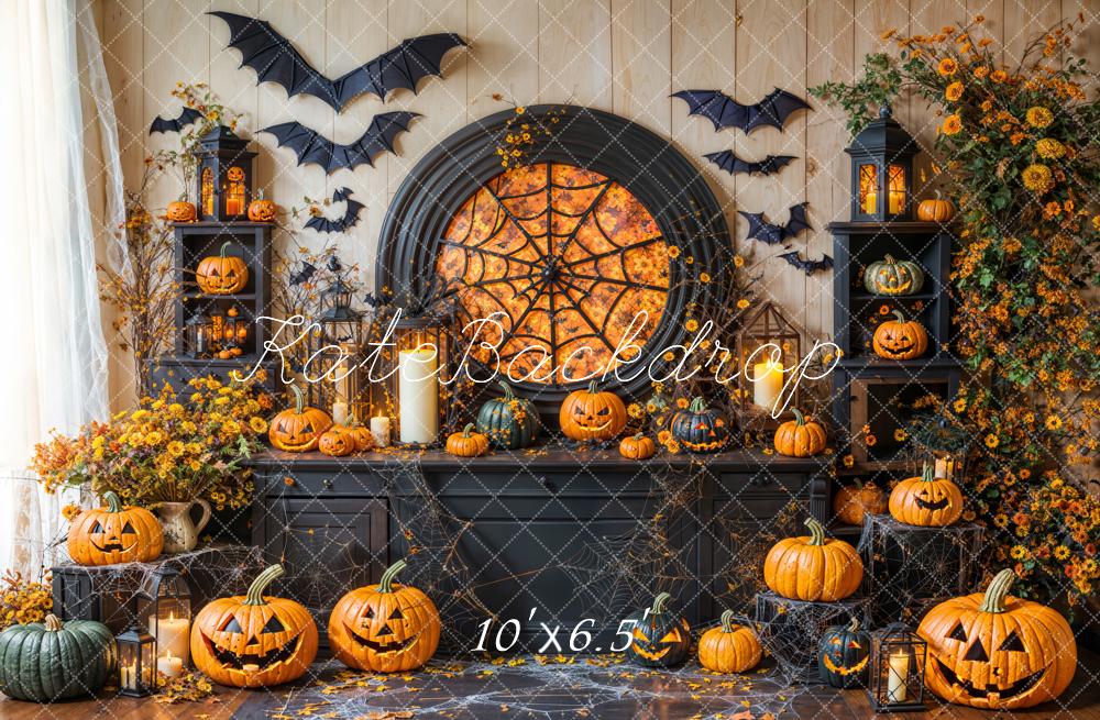 Kate Halloween -Kürbis Spinnennetz Fledermaus Schwarz Schränke Hintergrund entworfen von Emetselch - Kate Backdrop.de