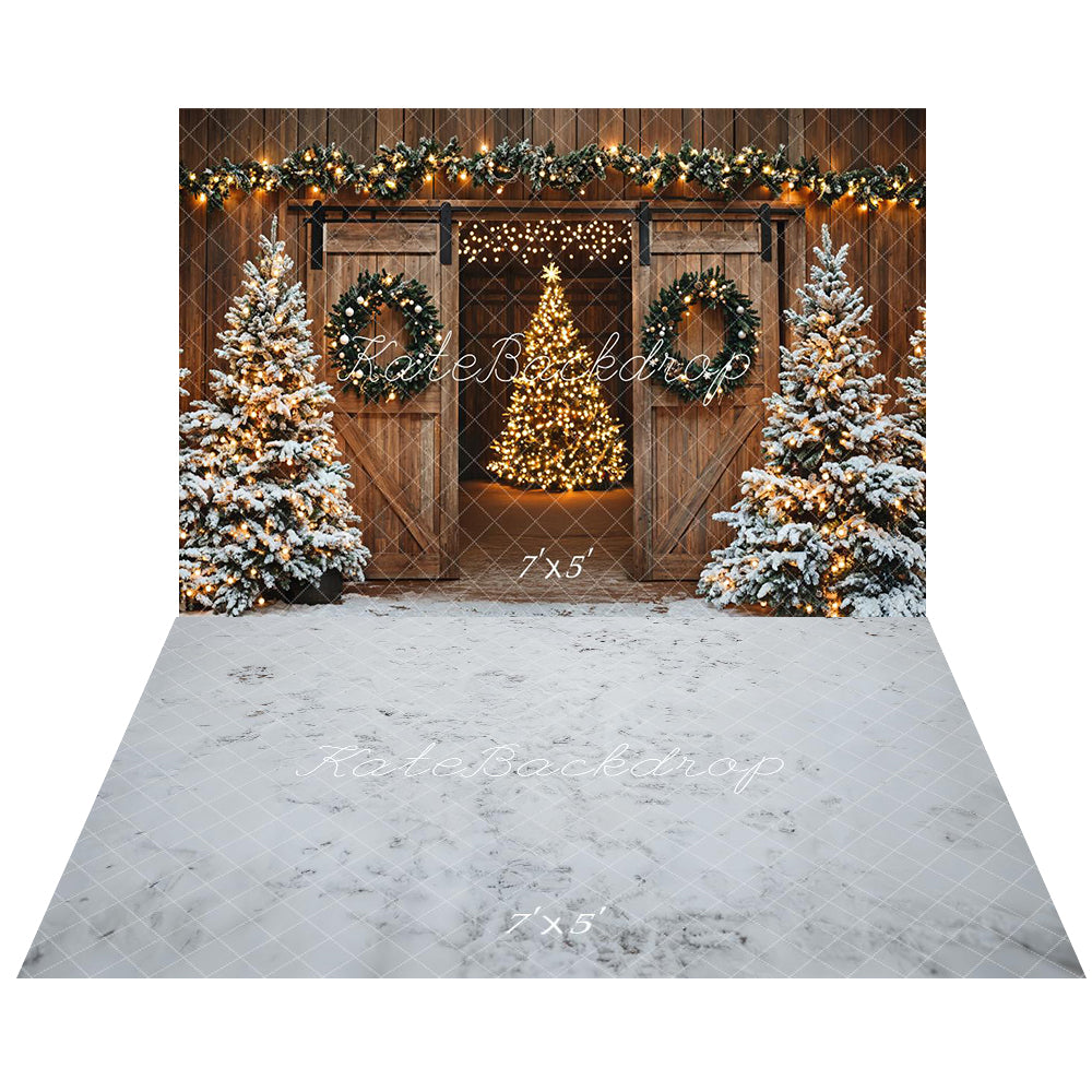 Kate Weihnachten Baum Scheune Tür Lichter Hintergrund +Winter verschneites Erdgeschoss Hintergrund für Fotografie - Kate Backdrop.de