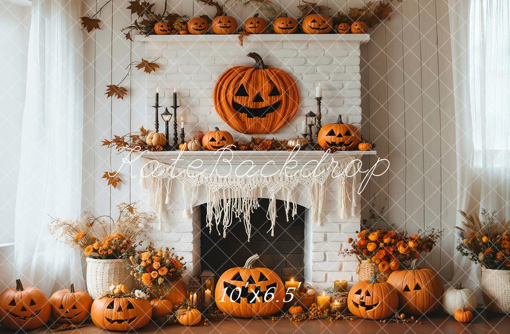 Kate Halloween Kürbisse Kamin Blumen Weiß Hintergrund entworfen von Emetselch - Kate Backdrop.de