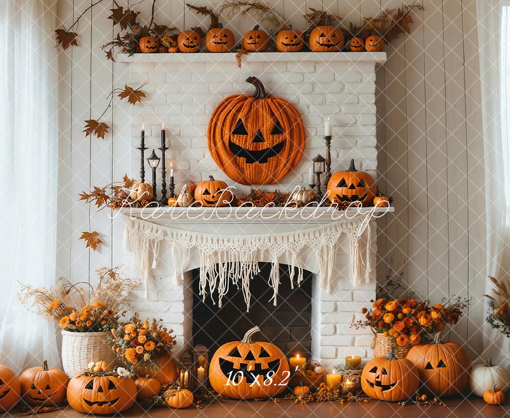 Kate Halloween Kürbisse Kamin Blumen Weiß Hintergrund entworfen von Emetselch - Kate Backdrop.de
