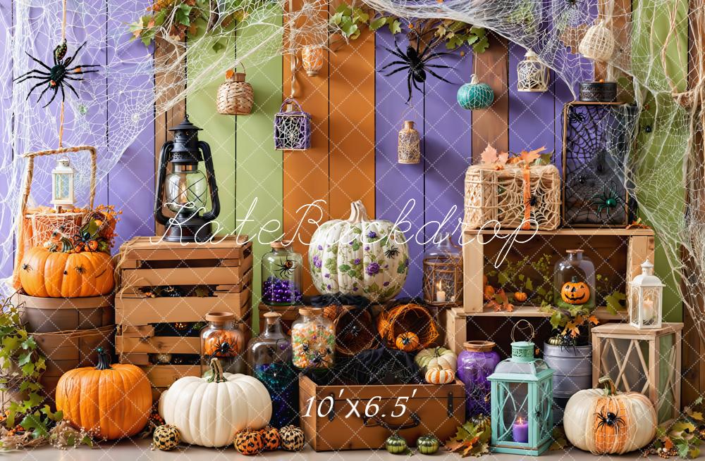 Kate Halloween Kürbisse Laternen Spinnennetze Bunt Hintergrund entworfen von Emetselch - Kate Backdrop.de