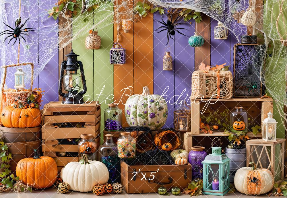 Kate Halloween Kürbisse Laternen Spinnennetze Bunt Hintergrund entworfen von Emetselch - Kate Backdrop.de