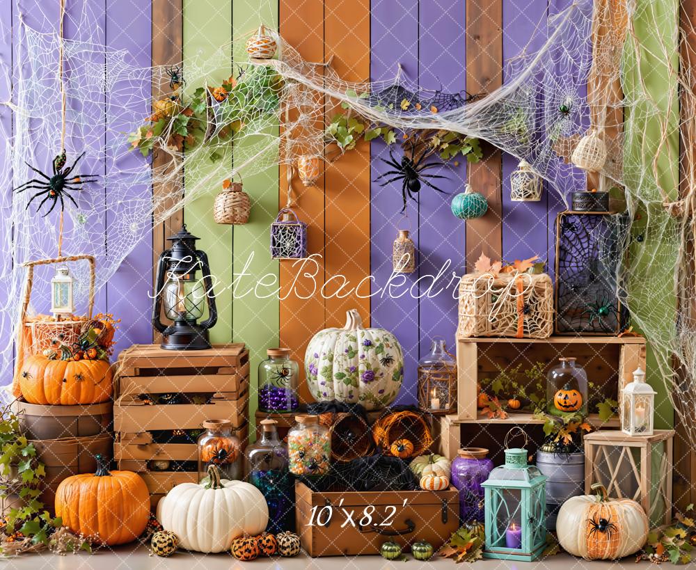 Kate Halloween Kürbisse Laternen Spinnennetze Bunt Hintergrund entworfen von Emetselch - Kate Backdrop.de