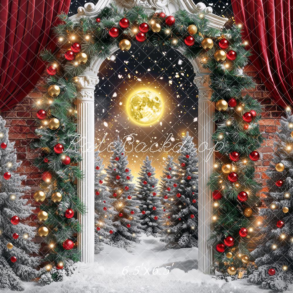 Kate Weihnachten-Baum Mondschein Bogen Rot Vorhang Hintergrund Entworfen von Mini MakeBelieve - Kate Backdrop.de