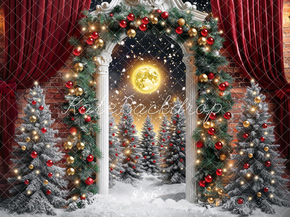Kate Weihnachten-Baum Mondschein Bogen Rot Vorhang Hintergrund Entworfen von Mini MakeBelieve - Kate Backdrop.de