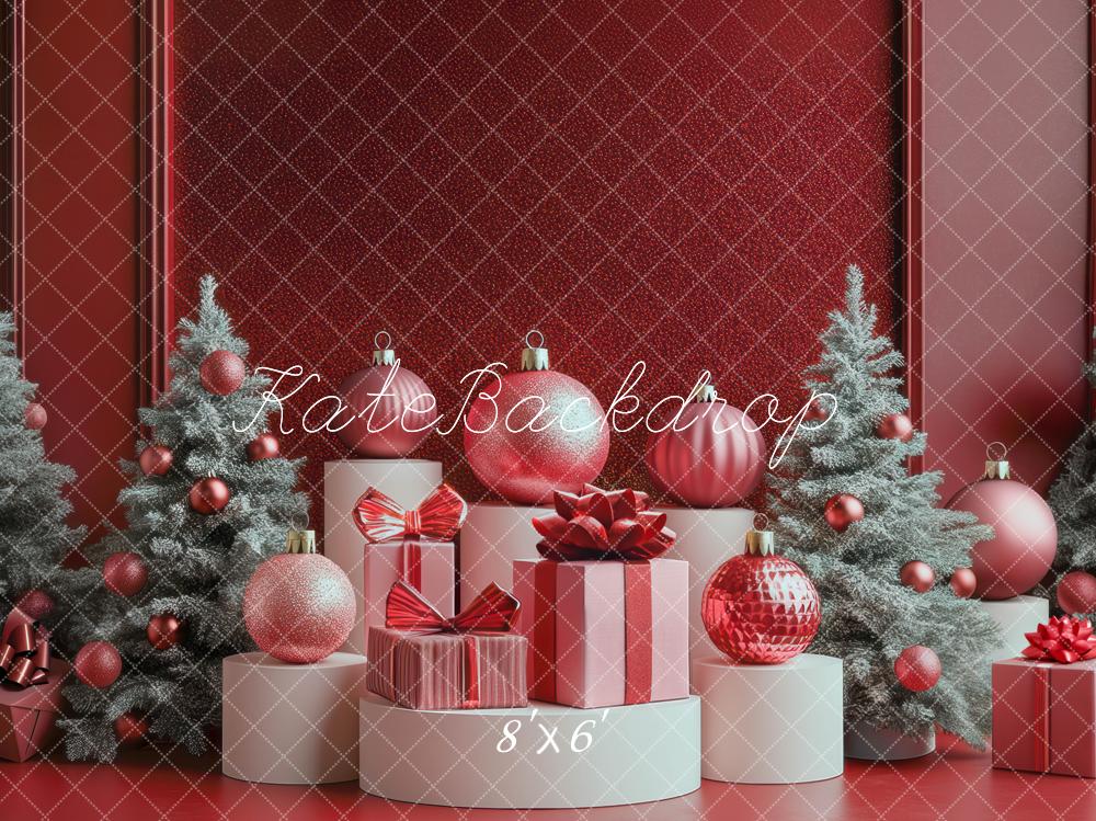 Kate Weihnachten - Bäume Luxury Disco Rot Geschenk Hintergrund Entworfen von Mini MakeBelieve - Kate Backdrop.de