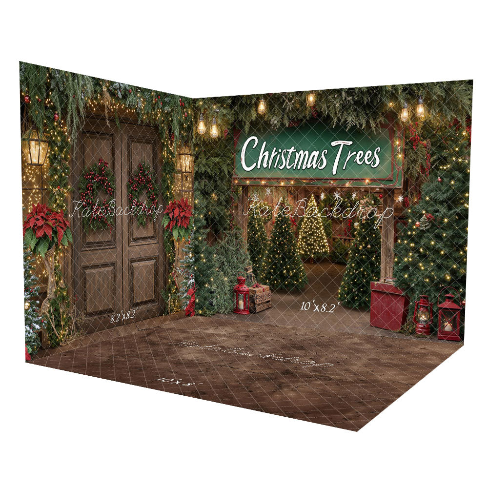 Kate Weihnachten -Bäume Rustikale Laternen Scheune Raum Hintergrund-Set - Kate Backdrop.de