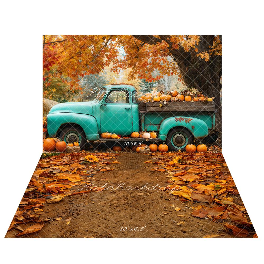 ⚡Blitzangebote-Kate Herbst Vintage Blau LKW Kürbisse Ahorn Baum Hintergrund+Herbst Sonnenblumen Pfad Boden Hintergrund - Kate Backdrop.de