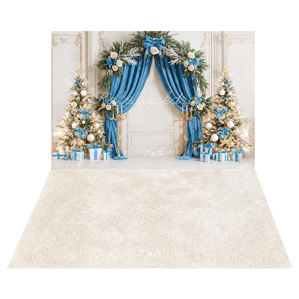 Kate Weihnachten Baum Blau Elegant Vorhänge Bogen Hintergrund+Beige Abstrakte Textur Boden Hintergrund - Kate Backdrop.de