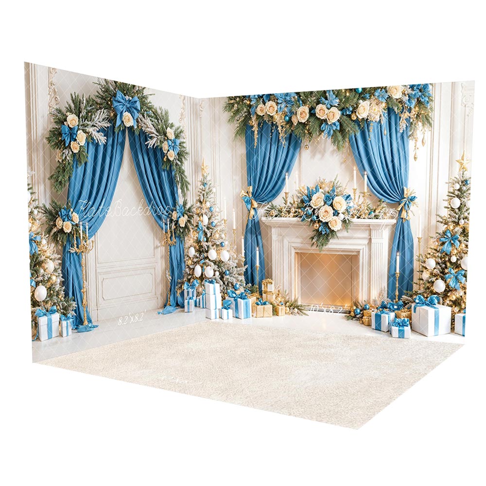 ⚡Blitzangebote #2-Kate Weihnachten-Baum Blaue Vorhänge Weißer Kamin Geschenke Raum Hintergrund-Set - Kate Backdrop.de