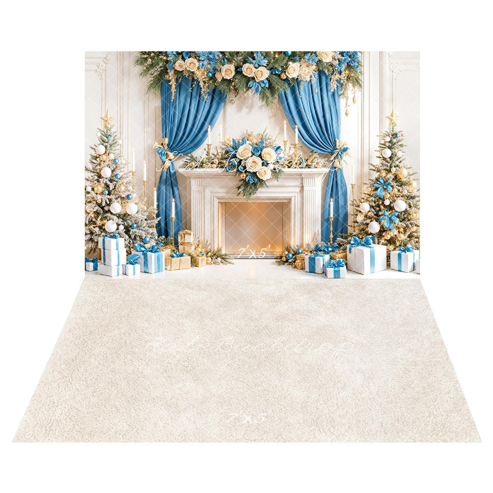 Kate Weihnachten Baum Blaue Vorhänge Weißer Kamin Geschenke Hintergrund+Beige Abstrakte Textur Boden Hintergrund - Kate Backdrop.de