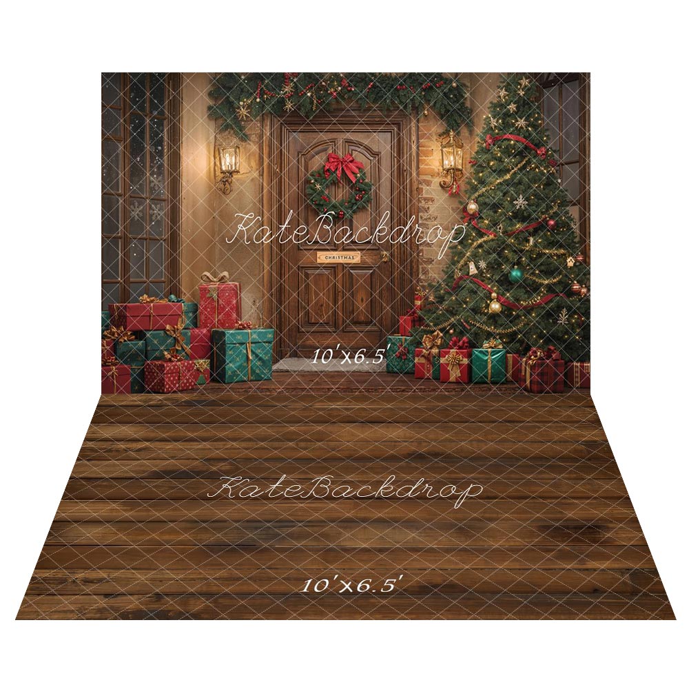 Kate Weihnachten Baumtür-Geschenke Braun Hintergrund+Brauner Holzboden Hintergrund - Kate Backdrop.de