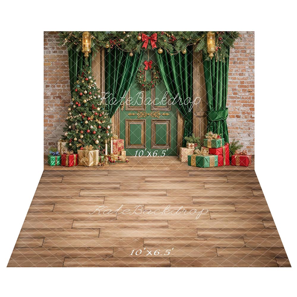 Kate Weihnachten Baumgrüner Türvorhang Geschenke Hintergrund+Hellbrauner Holzstreifenboden Hintergrund - Kate Backdrop.de