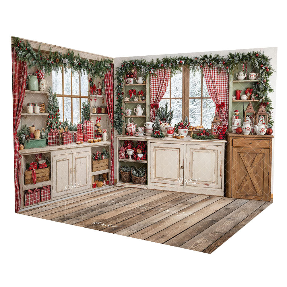 Kate Weihnachten–Rustikale Küchenschränke Fenster Rotes Karomuster Raum Hintergrund-Set - Kate Backdrop.de