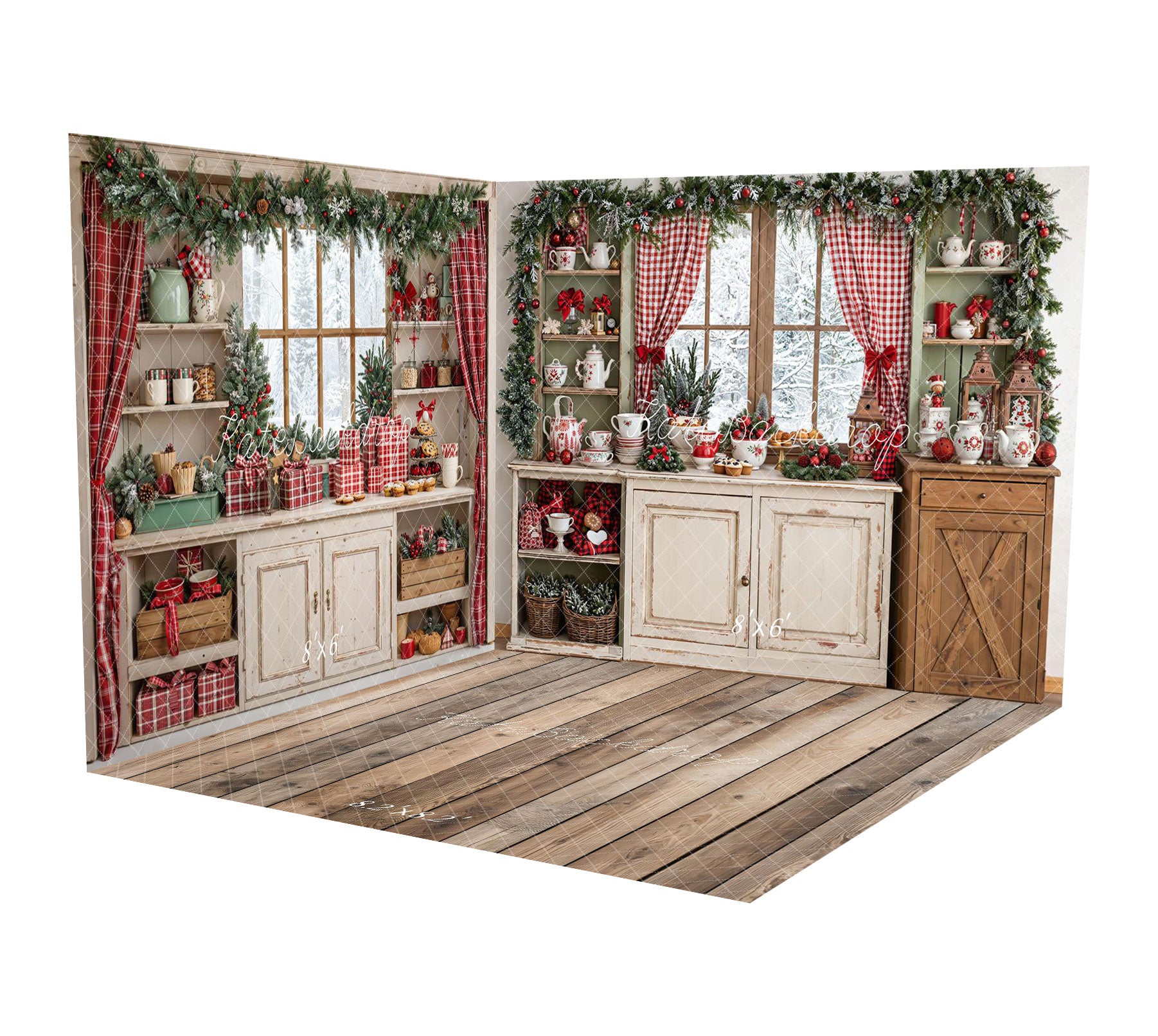 Kate Weihnachten–Rustikale Küchenschränke Fenster Rotes Karomuster Raum Hintergrund-Set - Kate Backdrop.de