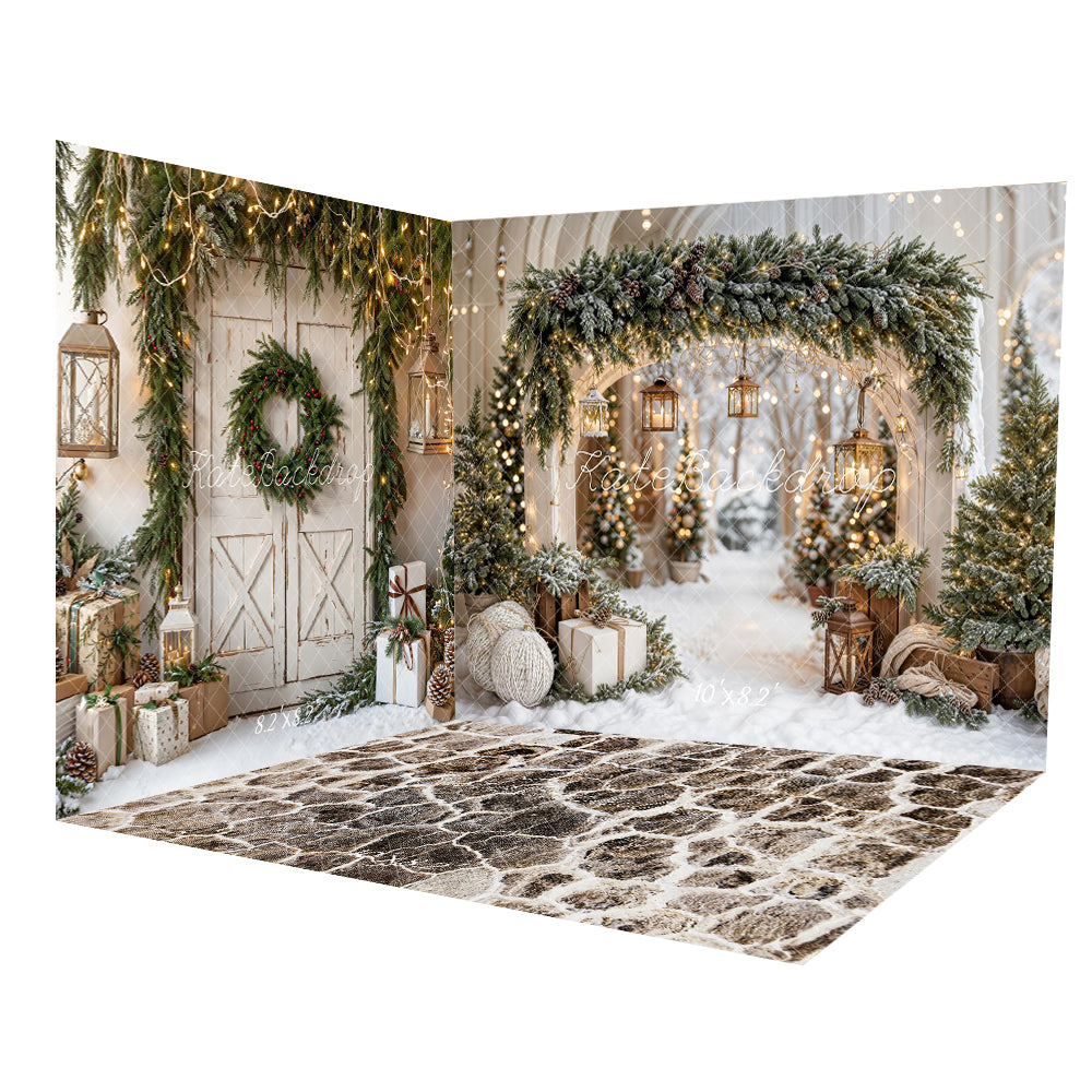 Kate Weihnachten–Bogen-Girlande, Schneebäume Scheunentor Stein Raum Hintergrund-Set