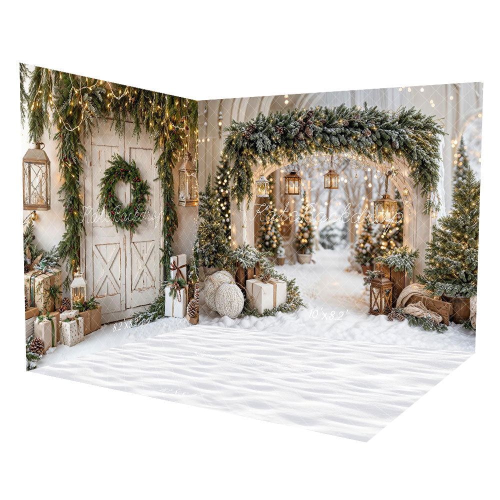 Kate Weihnachten–Bogen-Girlande, Schneebäume Scheunentor Raum Hintergrund-Set - Kate Backdrop.de