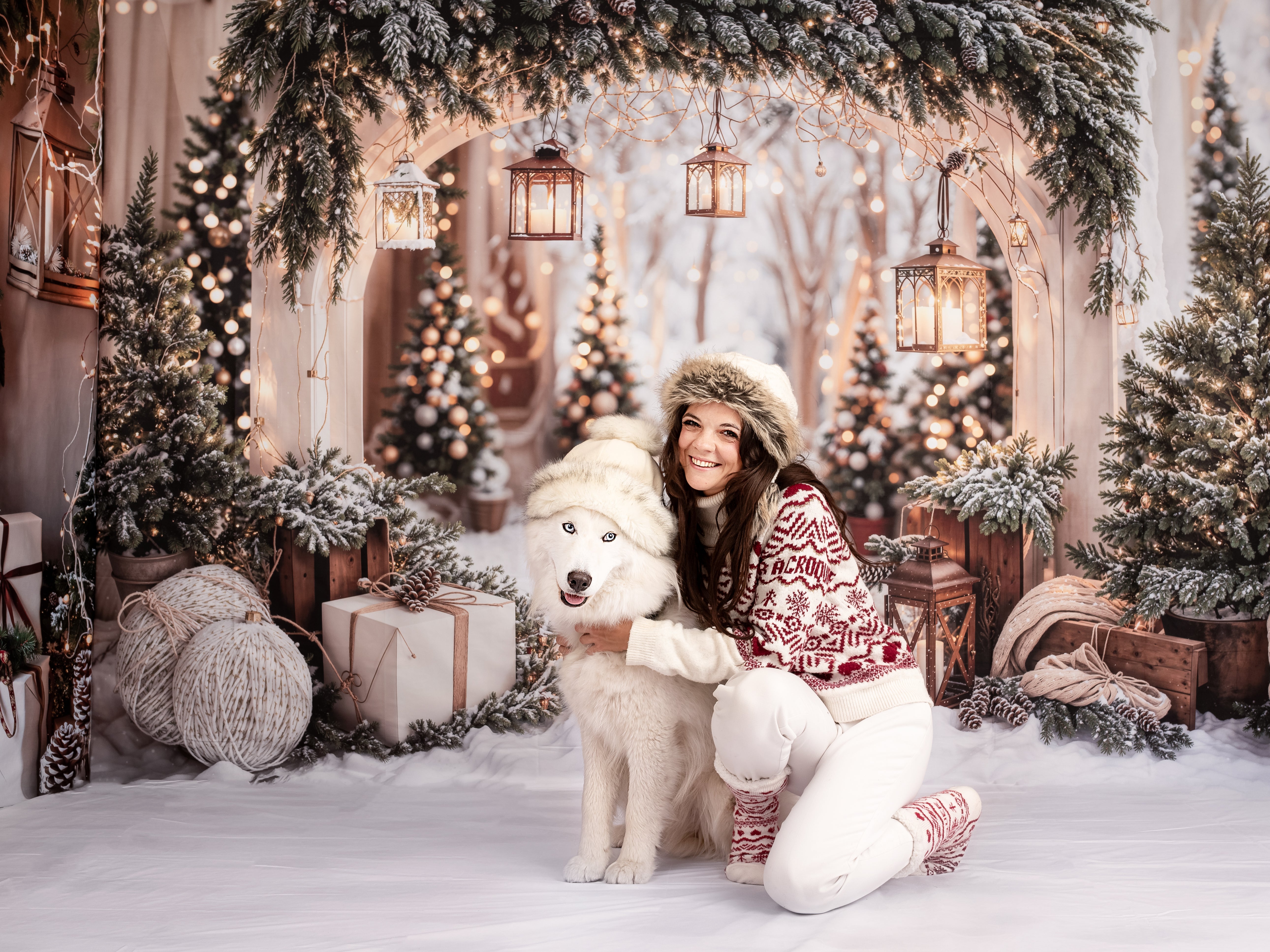 Kate Weihnachten–Bogen-Girlande, Schneebäume Scheunentor Raum Hintergrund-Set