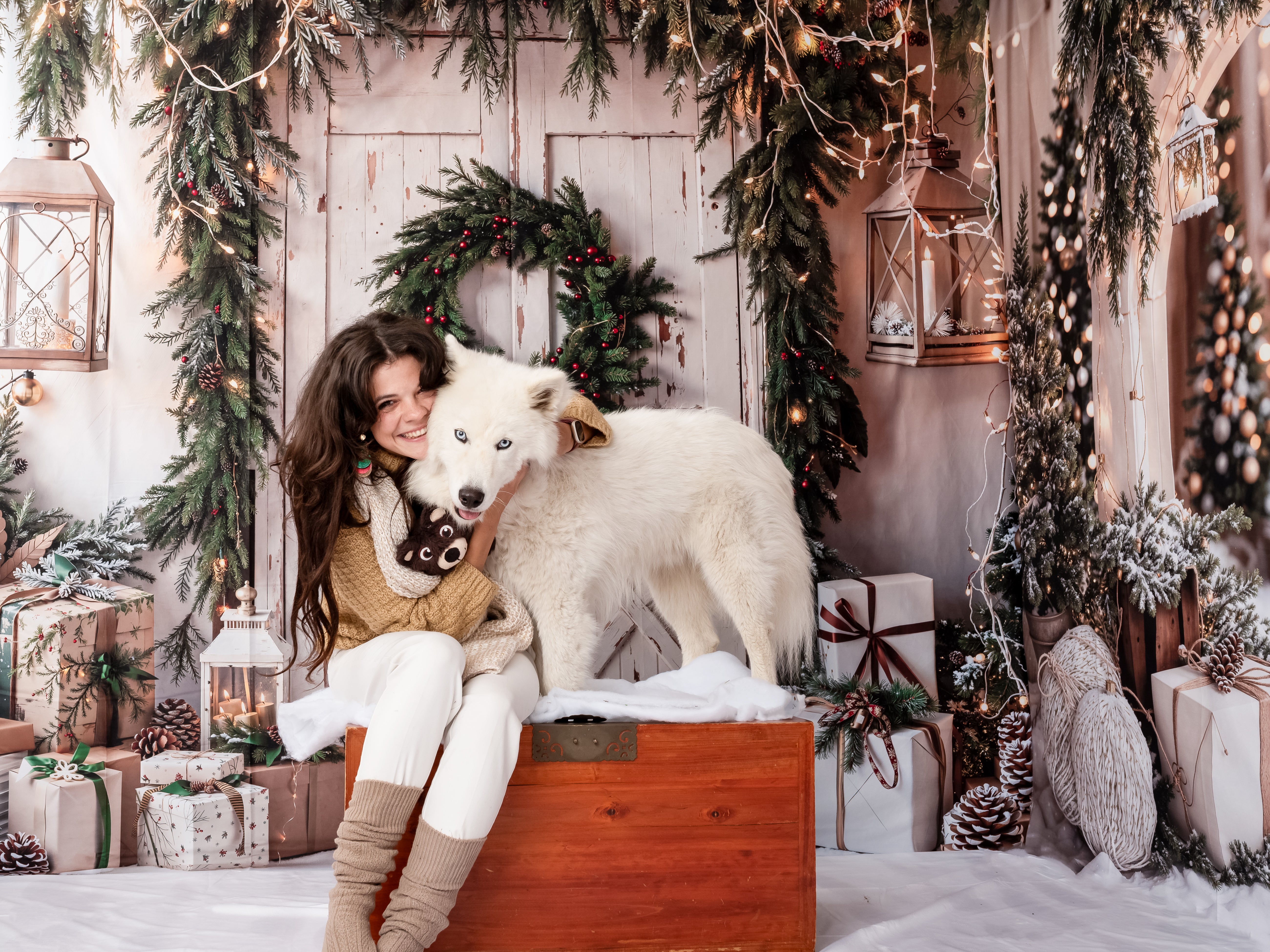 Kate Weihnachten–Bogen-Girlande, Schneebäume Scheunentor Raum Hintergrund-Set - Kate Backdrop.de