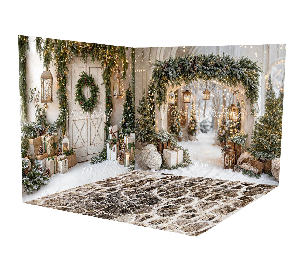 Kate Weihnachten–Bogen-Girlande, Schneebäume Scheunentor Stein Raum Hintergrund-Set