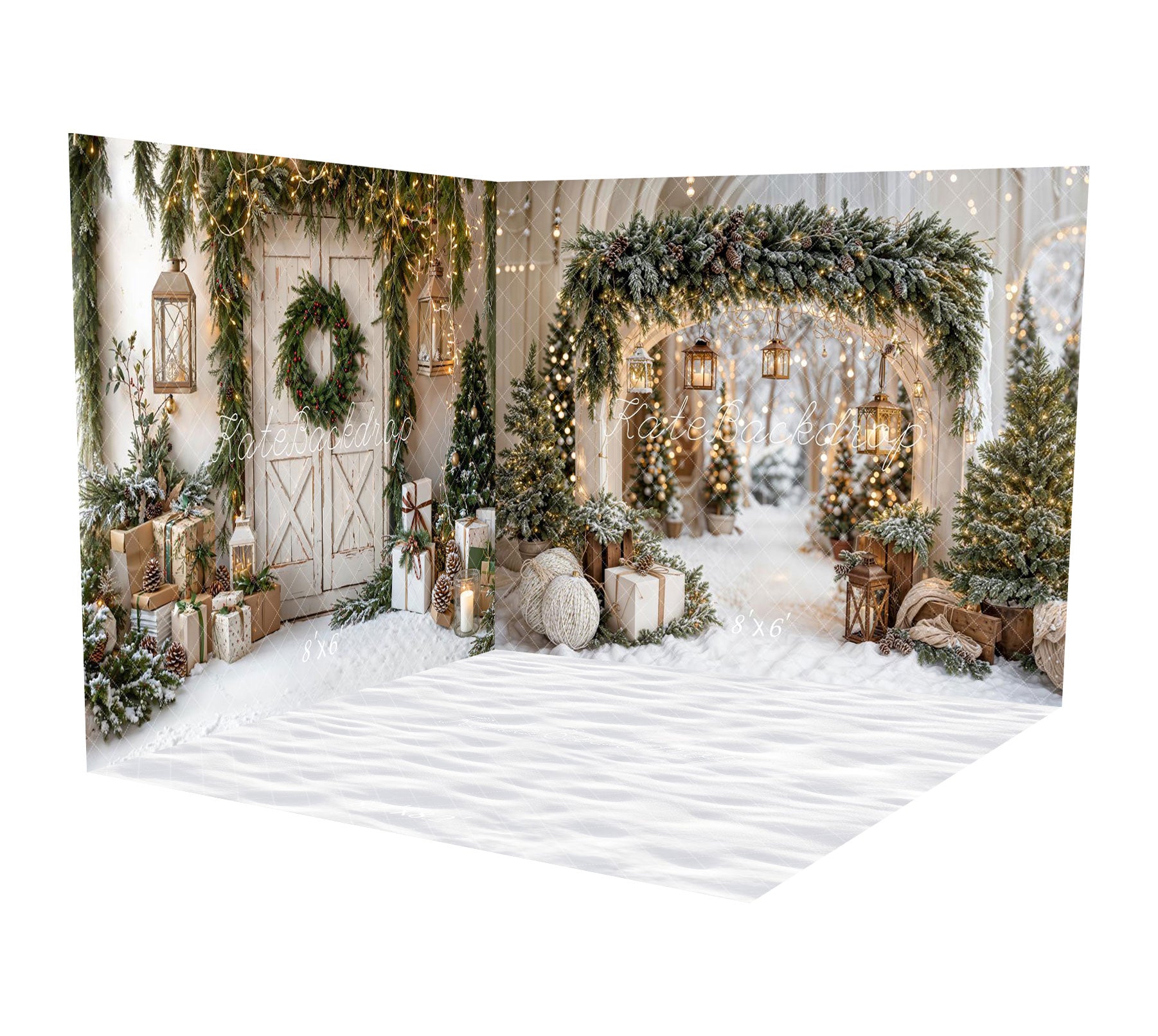 Kate Weihnachten–Bogen-Girlande, Schneebäume Scheunentor Raum Hintergrund-Set - Kate Backdrop.de