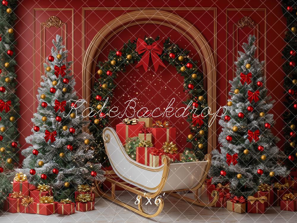 Kate Weihnachten Baum Schlitten Bogen Rot Wand Hintergrund Entworfen von Mini MakeBelieve - Kate Backdrop.de