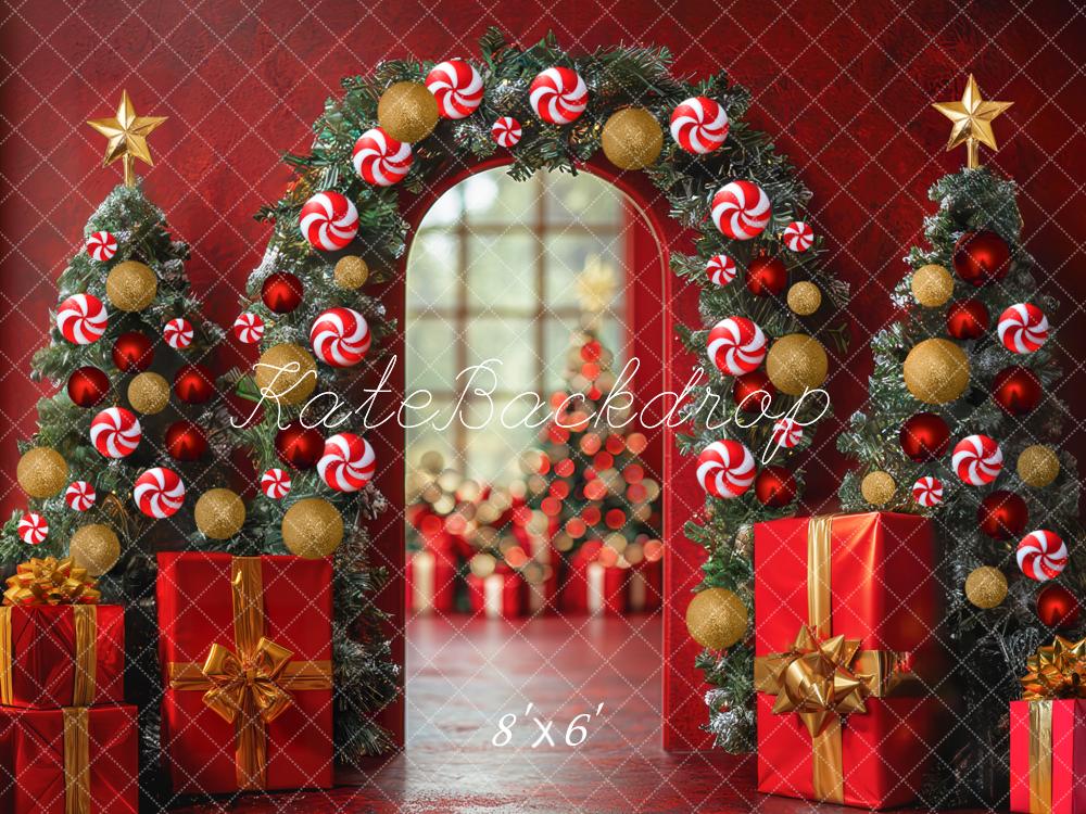Kate Weihnachten Baum Kandisbogen Geschenk Rot Hintergrund Entworfen von Mini MakeBelieve - Kate Backdrop.de