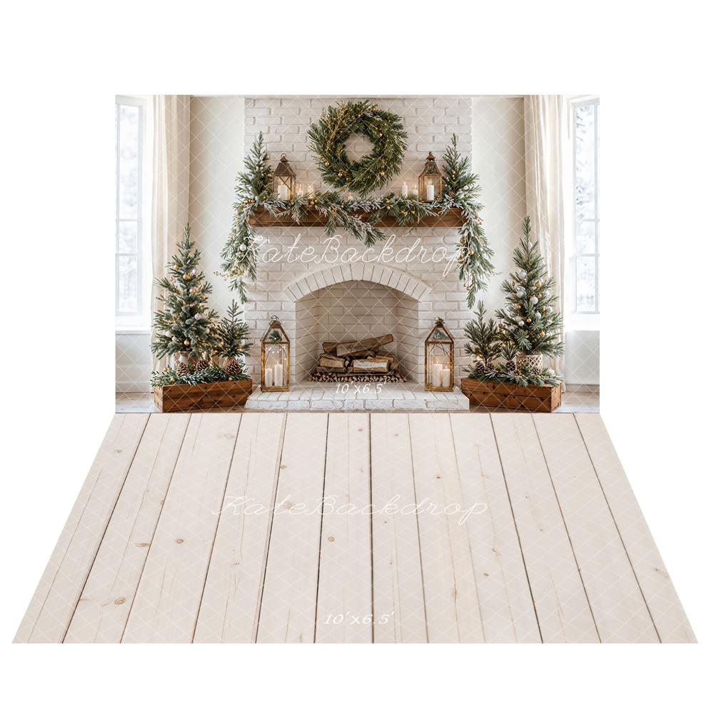 Kate Weihnachten Kamin-Kranz weiße Backsteinwand Hintergrund+Beige Holzplankenboden Hintergrund - Kate Backdrop.de