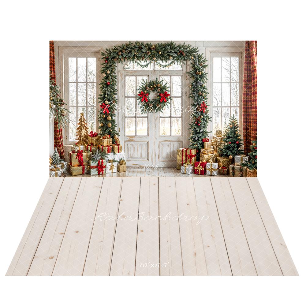 Kate Weihnachten Kranz Geschenke Tür Fenster Hintergrund+Beige Holzplankenboden Hintergrund - Kate Backdrop.de