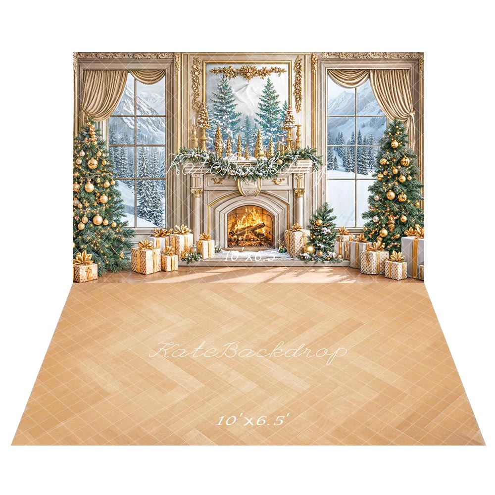 Kate Baum Wunderschöner Kamin Winterfenster Hintergrund+Holzboden mit Fischgrätenmuster Hintergrund - Kate Backdrop.de