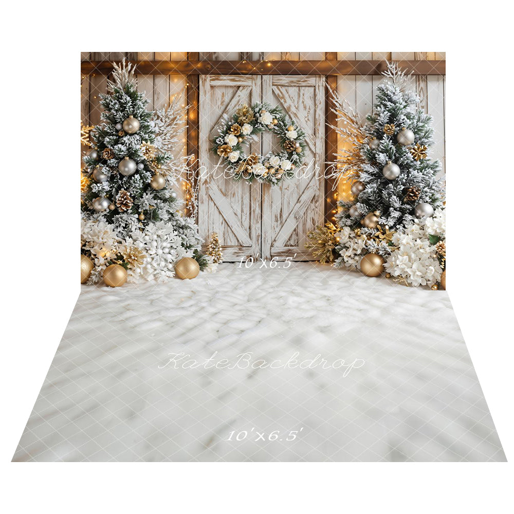 Kate Scheunentor-Kranz mit verschneiten Bäumen Hintergrund+Weißer, schneebedeckter Boden Hintergrund - Kate Backdrop.de