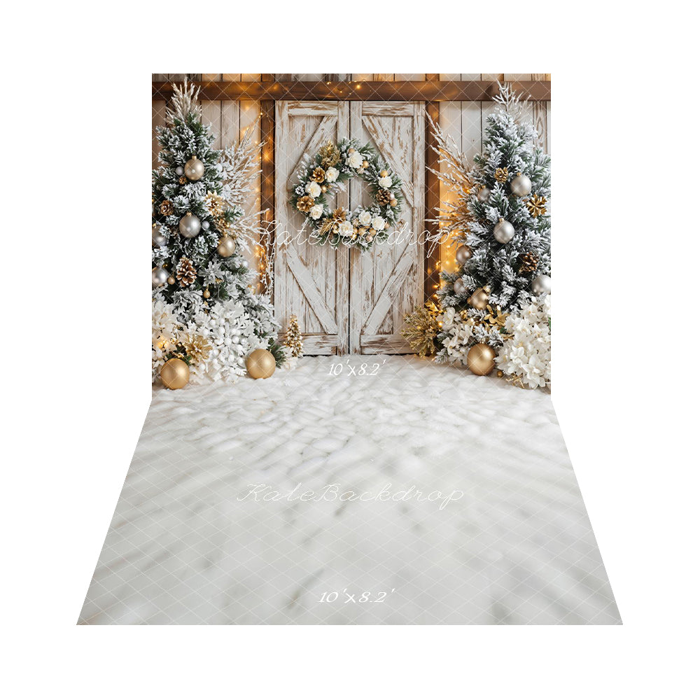 Kate Scheunentor-Kranz mit verschneiten Bäumen Hintergrund+Weißer, schneebedeckter Boden Hintergrund - Kate Backdrop.de