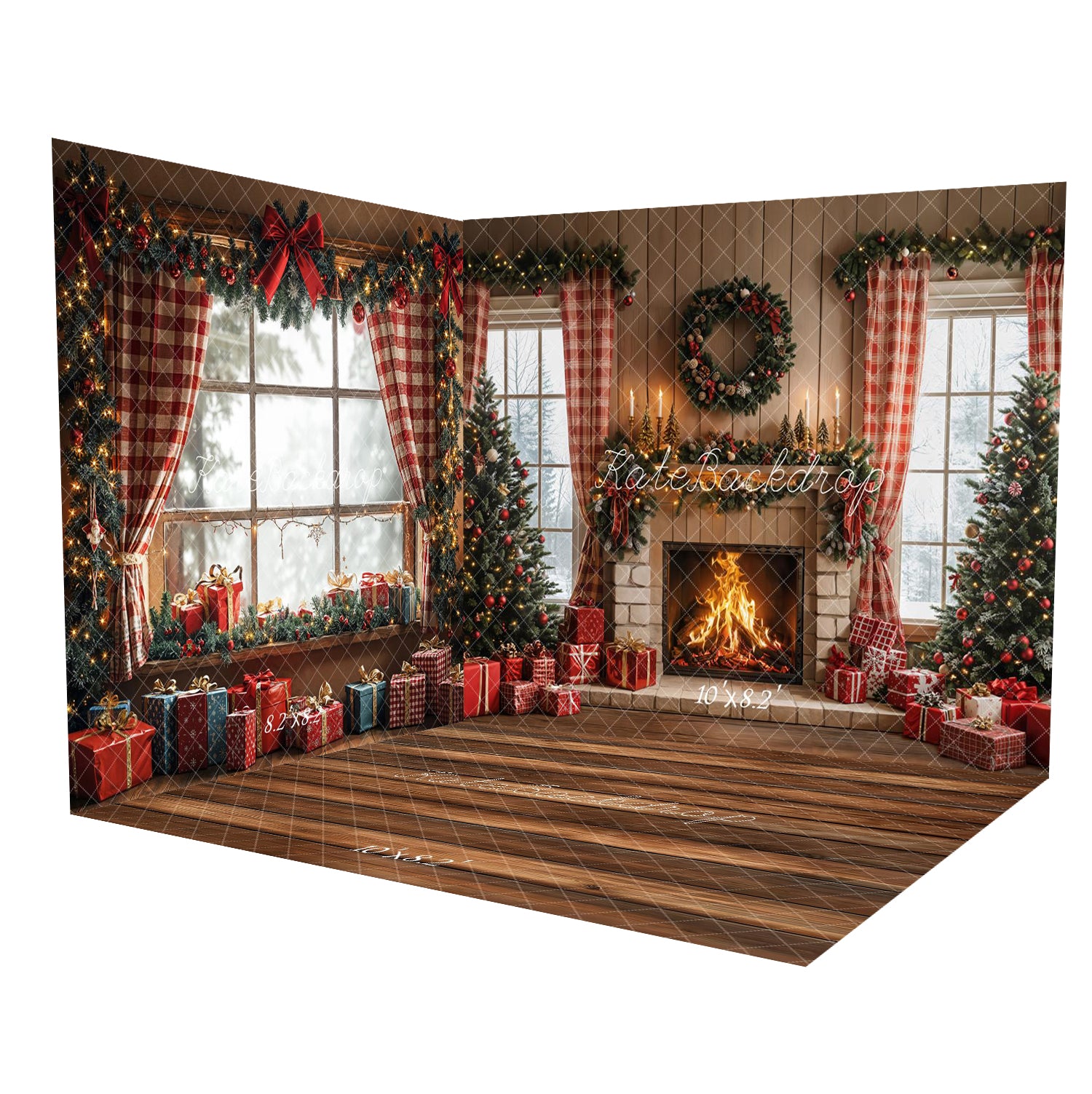 Kate Weihnachten Weihnachtsbaum Kamin Rote Karovorhänge Geschenke Raum Hintergrund-Set