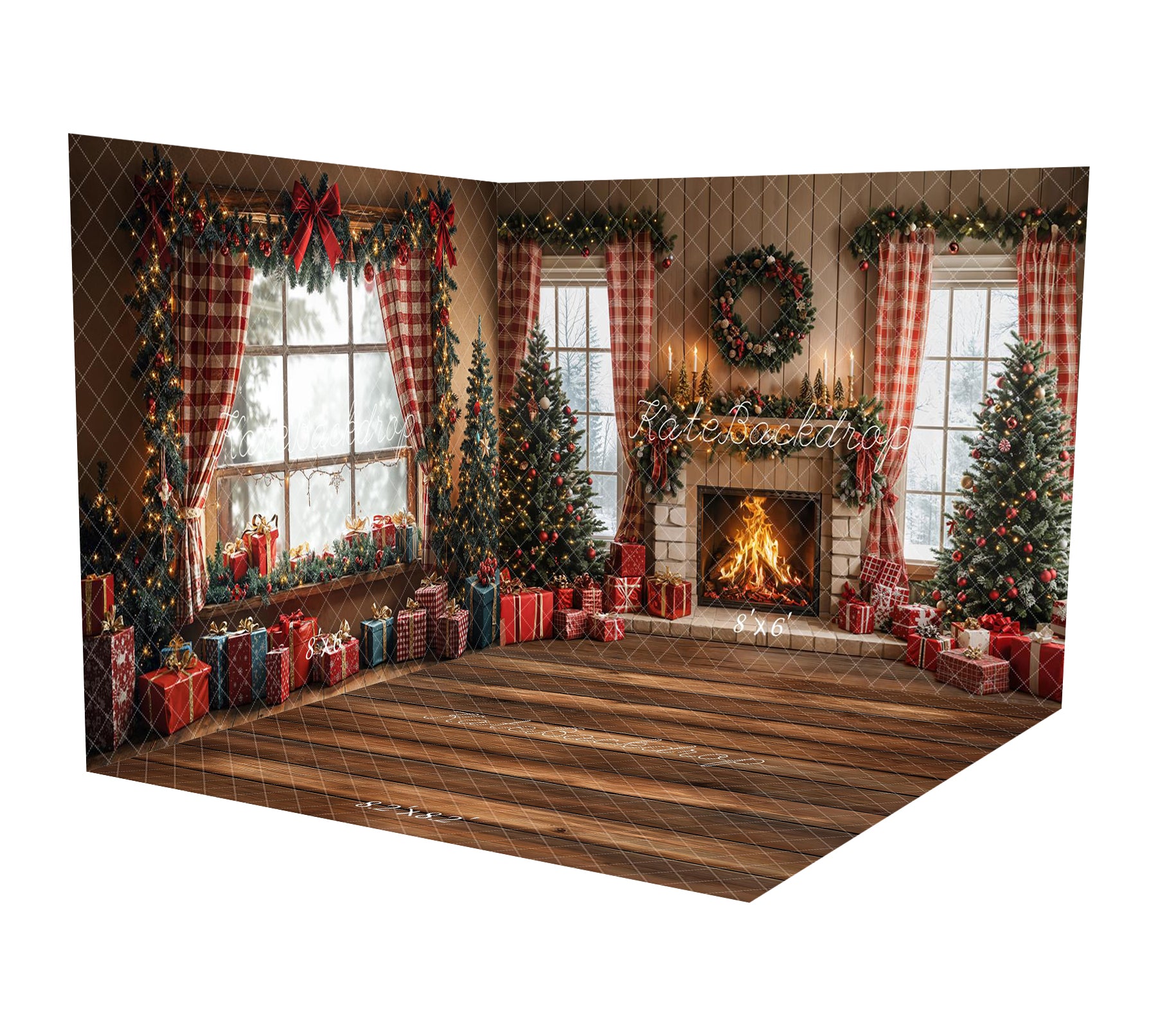 Kate Weihnachten Weihnachtsbaum Kamin Rote Karovorhänge Geschenke Raum Hintergrund-Set