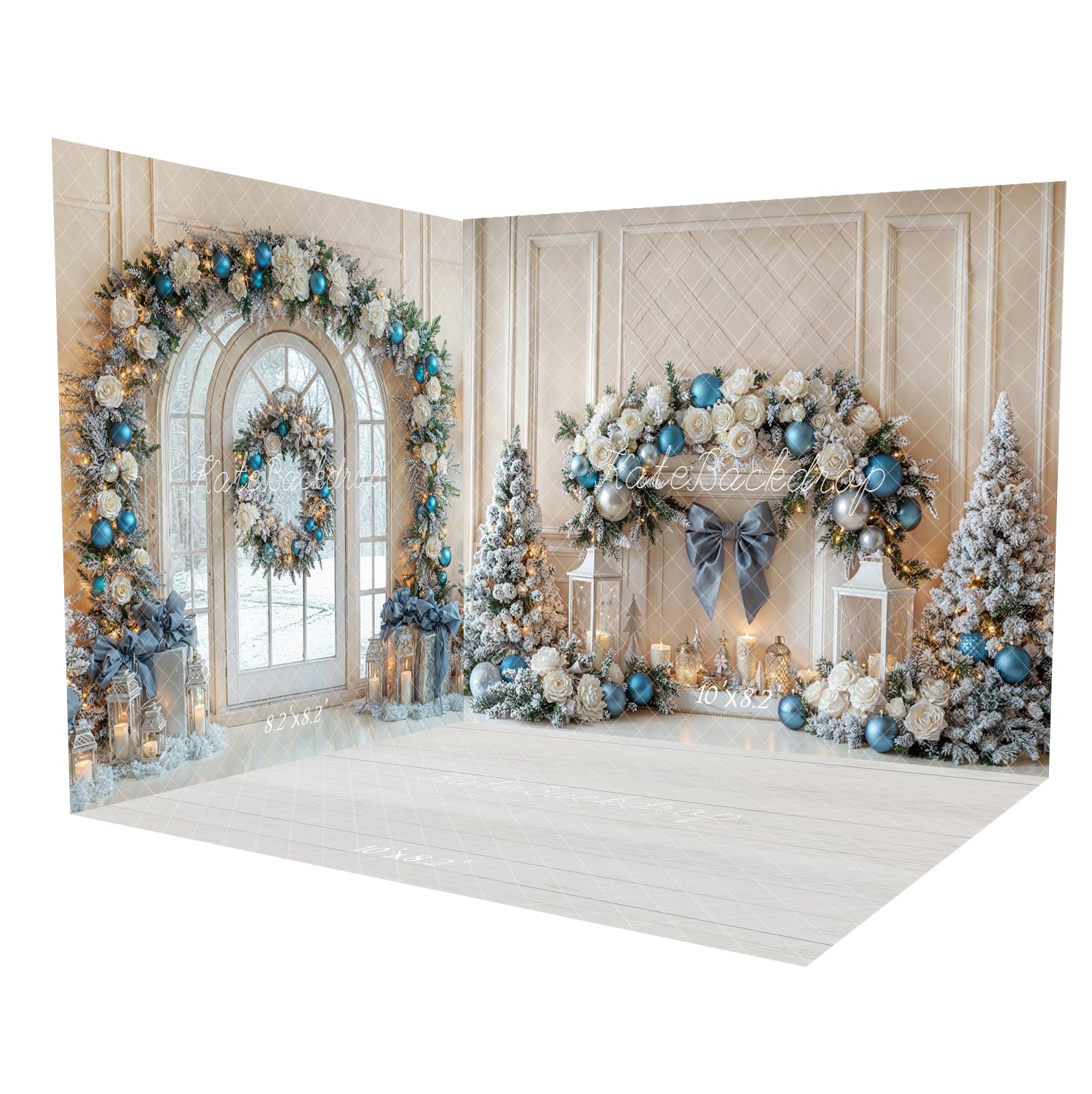 Kate Weihnachten Weihnachtsbaum-Bogenkranz mit blauen Ornamenten und Schnee Raum Hintergrund-Set