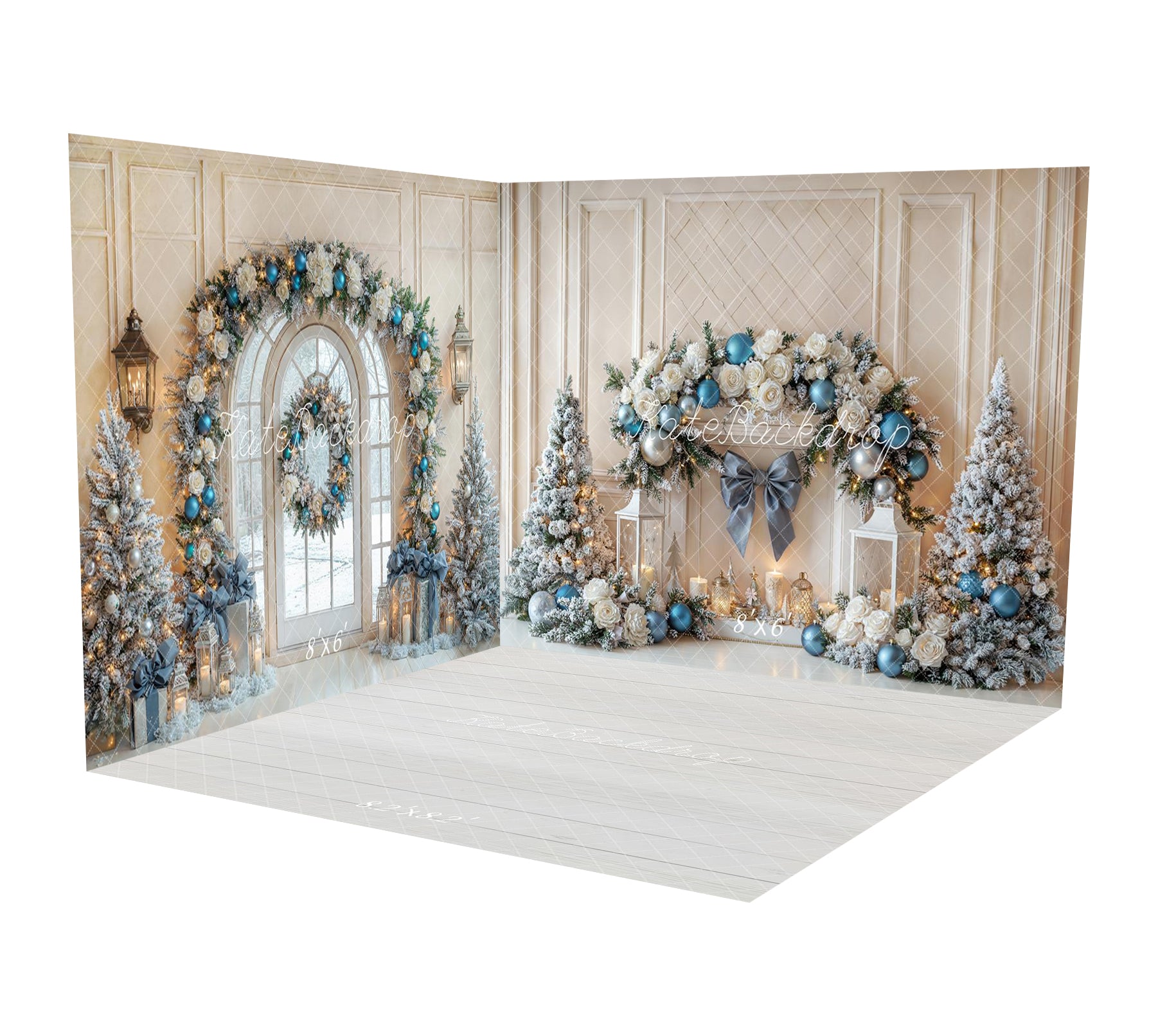 Kate Weihnachten Weihnachtsbaum-Bogenkranz mit blauen Ornamenten und Schnee Raum Hintergrund-Set