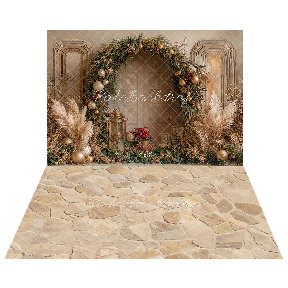 Kate Weihnachten Boho Blumenbogen Gold Ornamente Pampasgras Hintergrund+Beige Steintextur Boden Hintergrund - Kate Backdrop.de