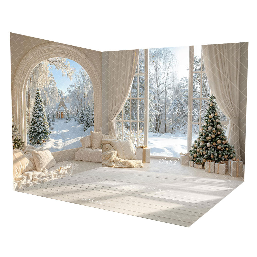 Kate Weihnachten Winterbogen Schneebedecktes Fenster Baum Cottage Raum Hintergrund-Set