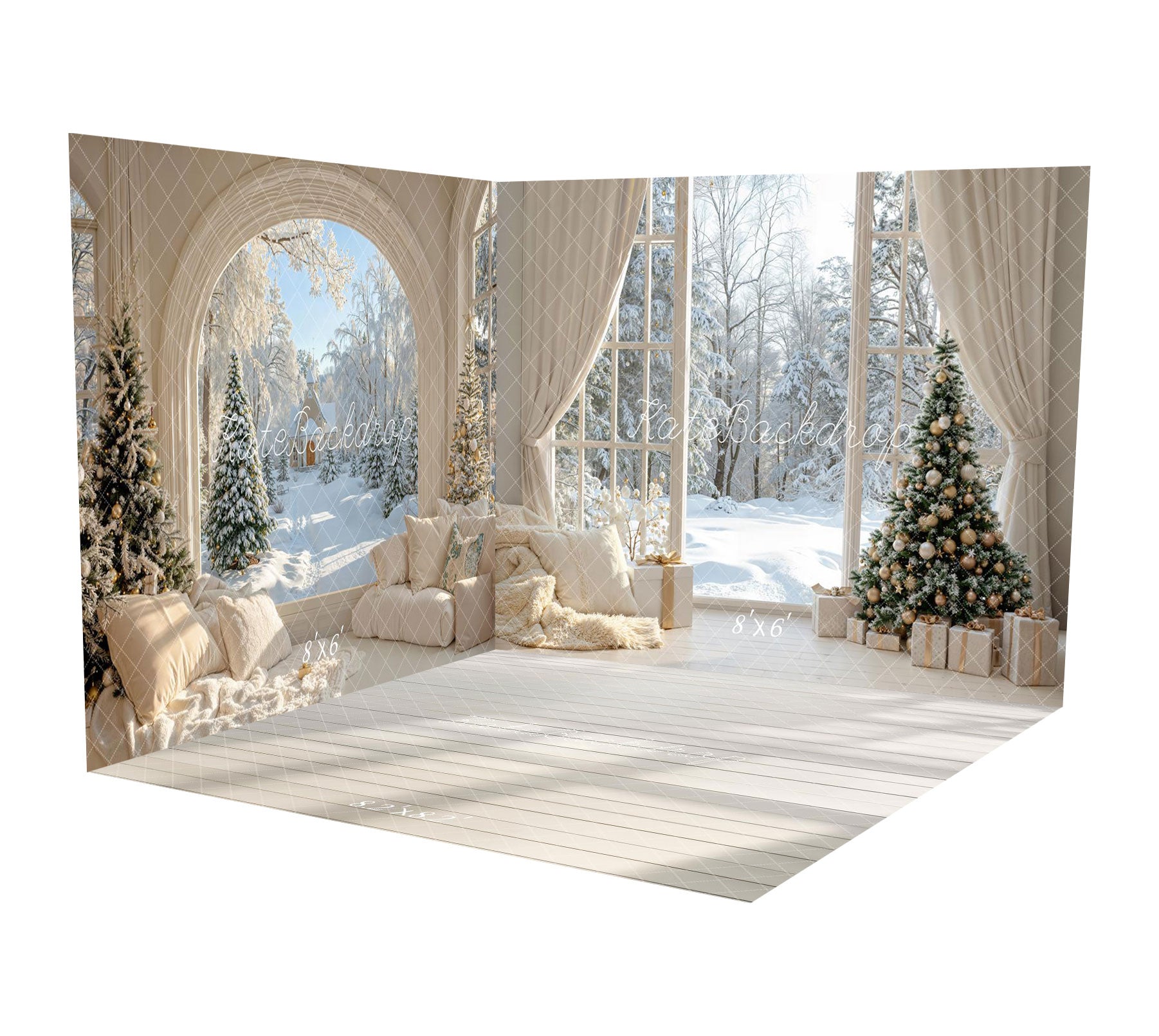 Kate Weihnachten Winterbogen Schneebedecktes Fenster Baum Cottage Raum Hintergrund-Set